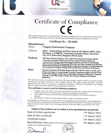 Certifications   CE Certificate for Sensors