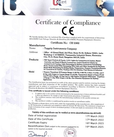 Certifications   CE Certificate for Sensors